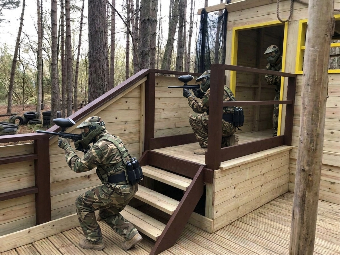 Corporate paintball players taking cover in a woodland game zone