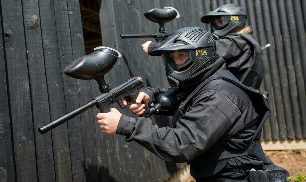Paintball players aiming from behind a wooden barricade