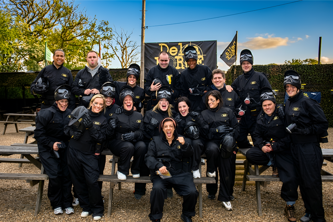 Large corporate paintball group photo at Delta Force Paintball