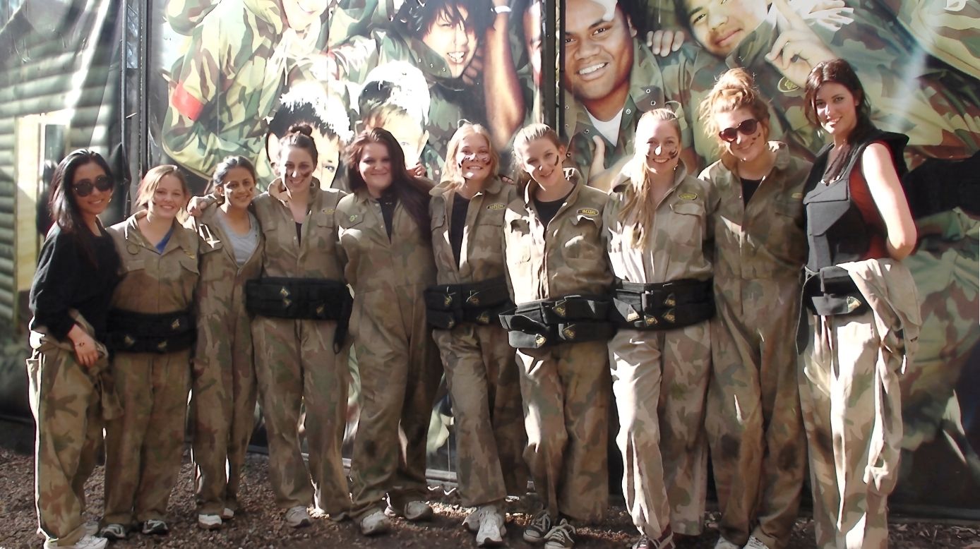 Hen party group in paintball kit at Delta Force Paintball