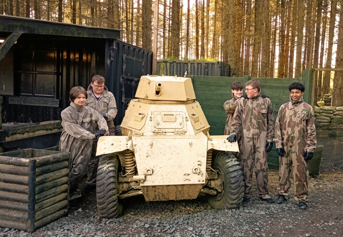 Kids paintball group posing by an armoured vehicle