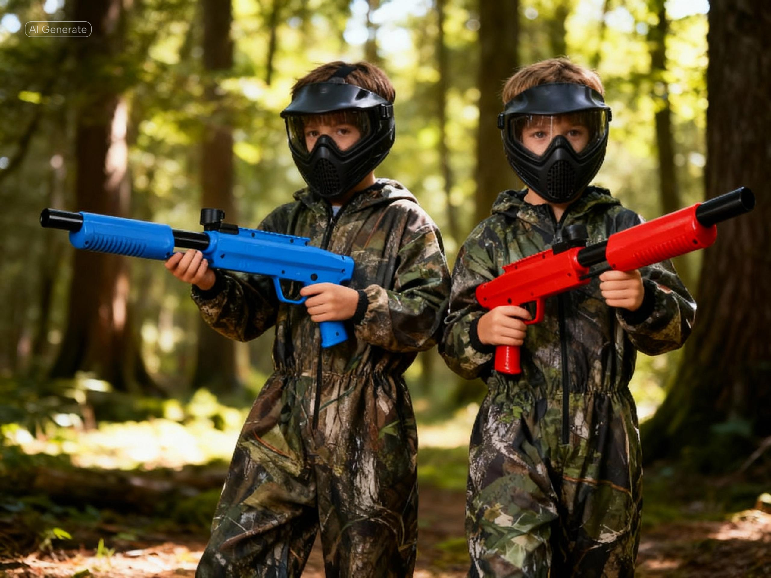 Two Miniball players in forest kit with blue and red markers