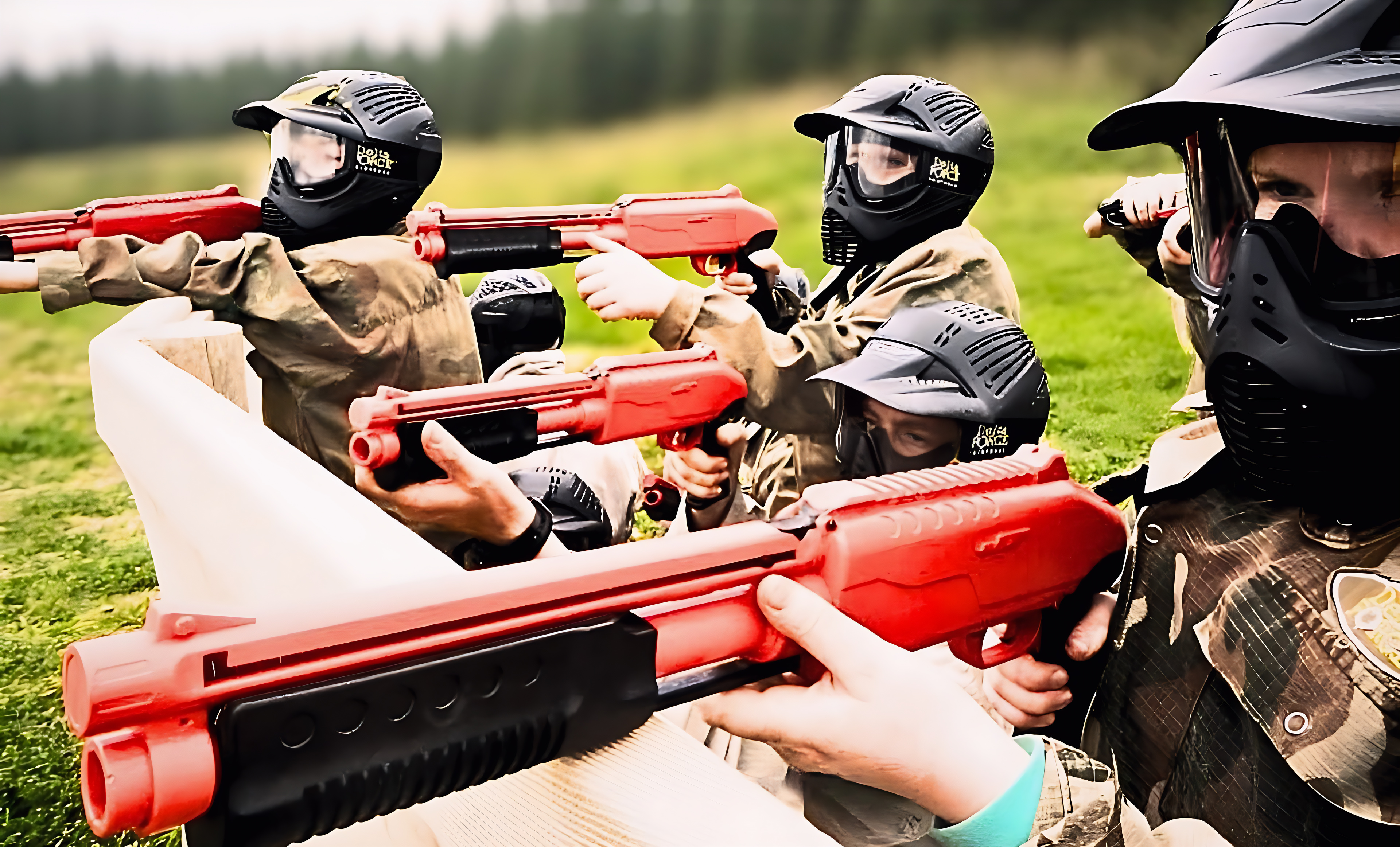 Miniball players aiming red markers from cover