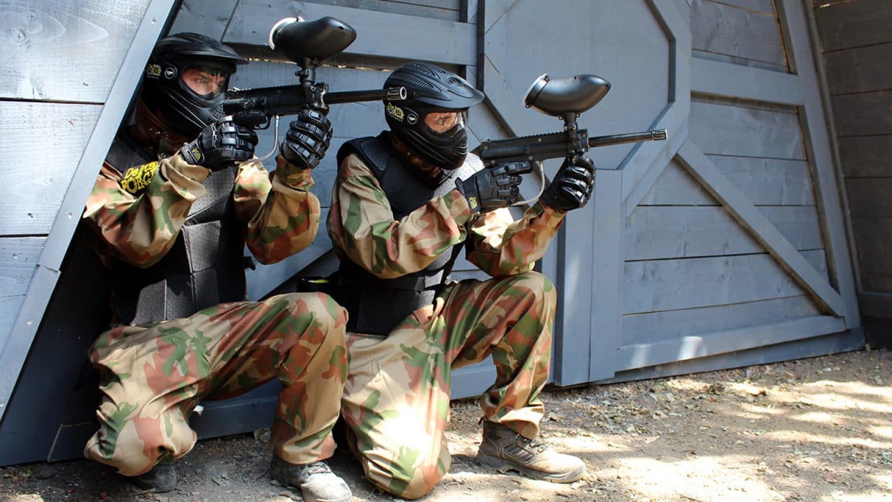 Paintball players advancing through Space Warz