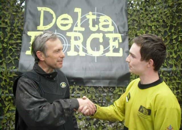 David Crellin at Delta Force Paintball Shaking Hand with Paintball Manager