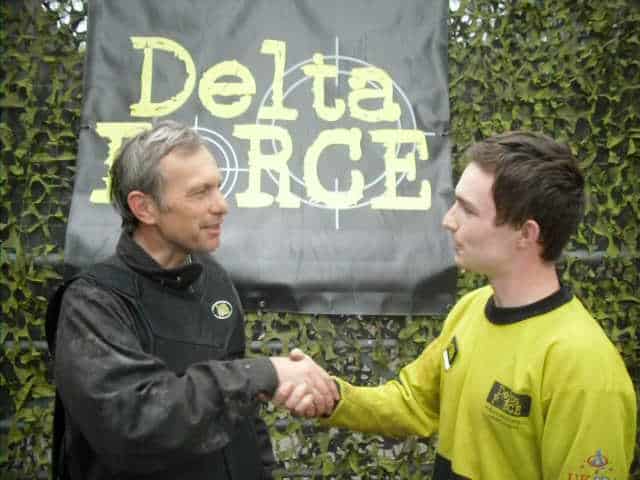 David Crellin Shaking Hands With Delta Force Paintball Staff