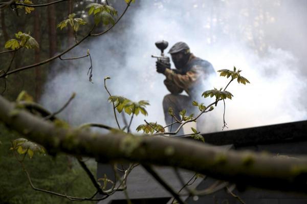 Behind branch crouching player aims amidst smoke