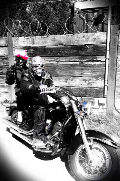 Terminator couple pose on motorbike