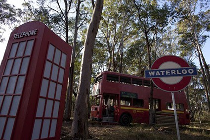 Waterloo sign, telephone box, and bus in London Apocalypse