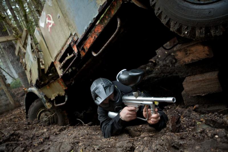 Player takes shot under Soviet truck