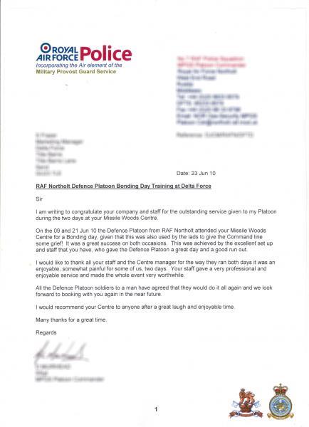 RAF letter of thanks to Delta Force