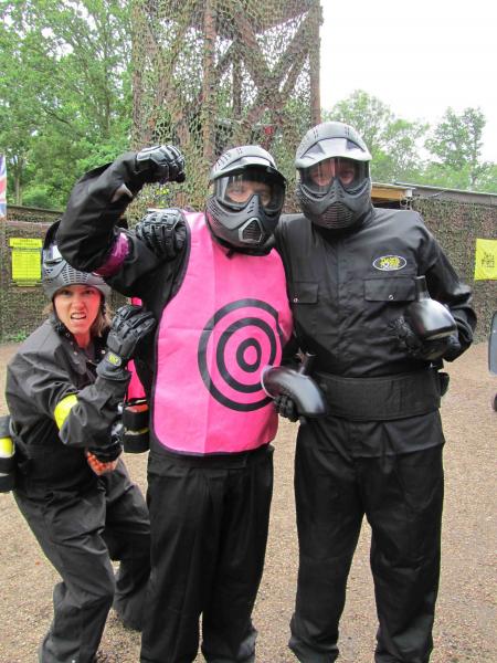 Player models pink target vest