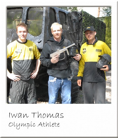 Iwan Thomas with Paintball Gun