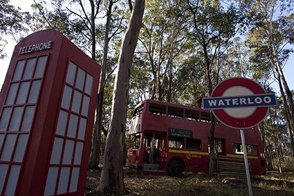 Waterloo sign, telephone box, double-decker bus