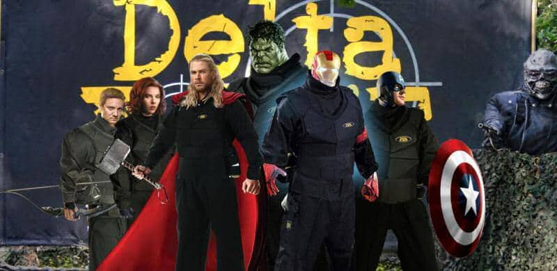 Avengers pose in Delta Force overalls