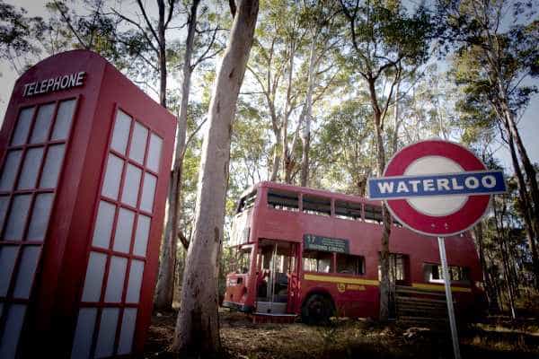 Waterloo sign, telephone box, double-decker bus